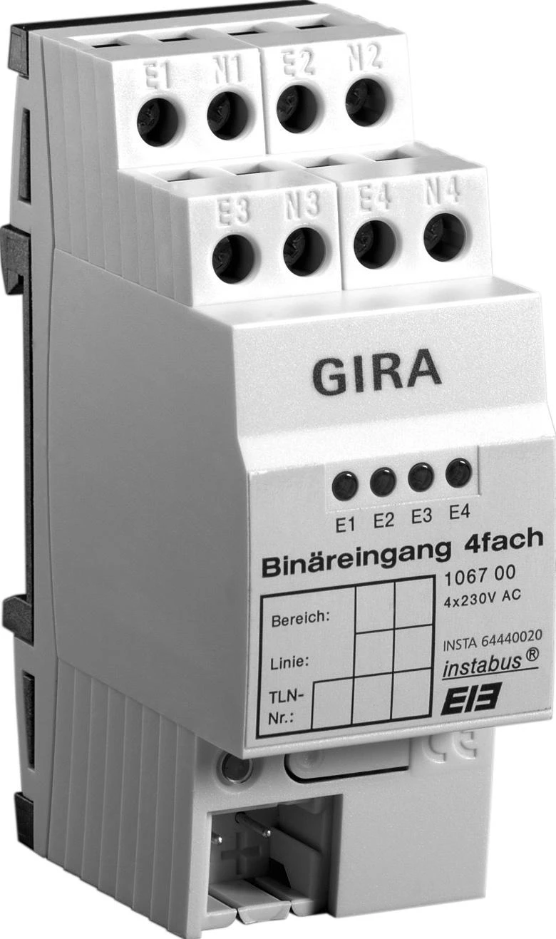  артикул 106700 название Gira Instabus Бинарный вход 4-х канальный 230 В, на DIN-рейку, 2 мод