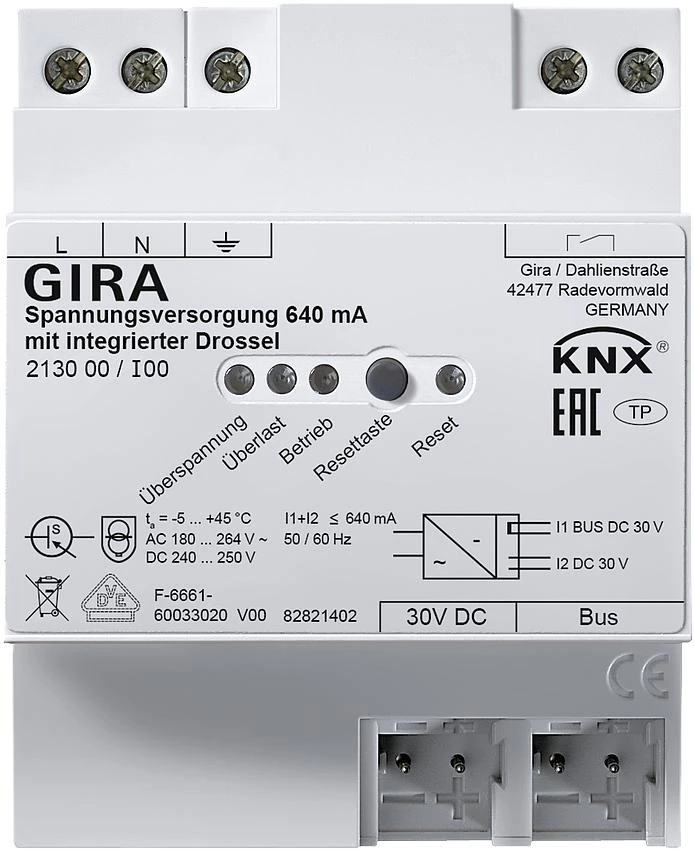  артикул 213000 название Gira Источник электропитания KNX 640 мА