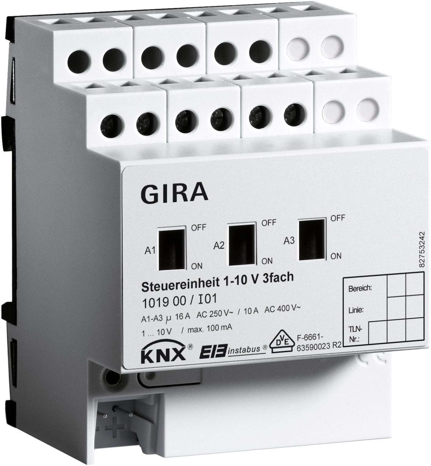  артикул 101900 название Gira Instabus Блок управления/светорегулятор 1-10 В 3-х канальный, на DIN-рейку