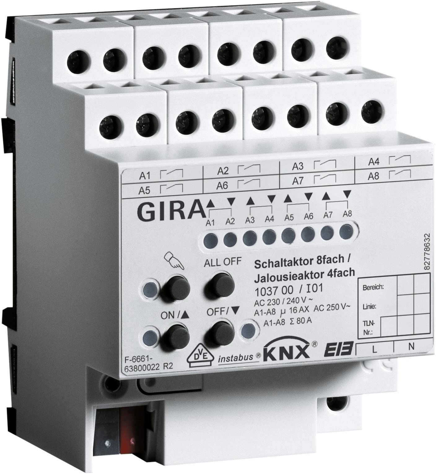  артикул 103700 название Gira Instabus Актор для жалюзи/выкл 4-/8-канальный с руч. управ., для DIN-рейки