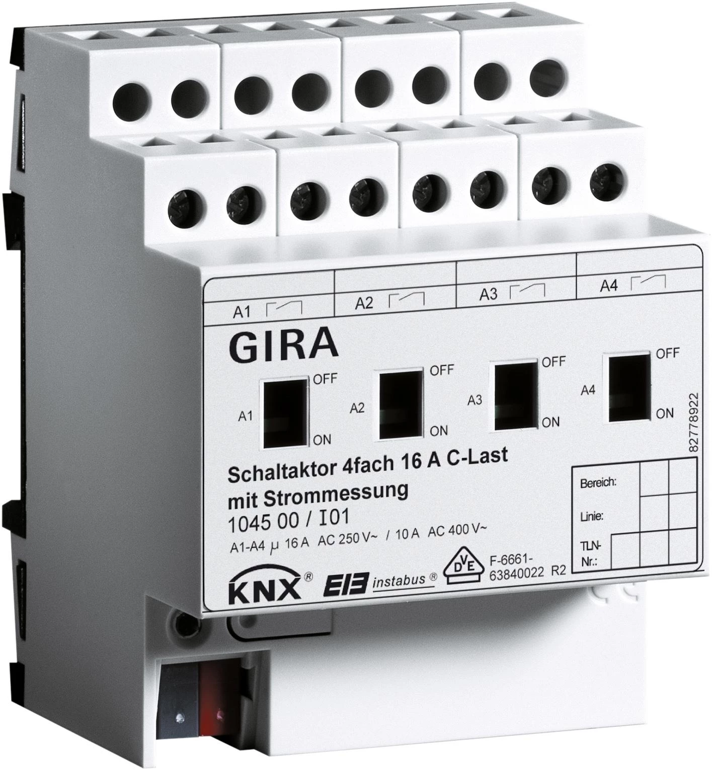  артикул 104500 название Gira Instabus Исполнительное устройство (реле) 4-х канальное,на DIN-рейку, 4 мод