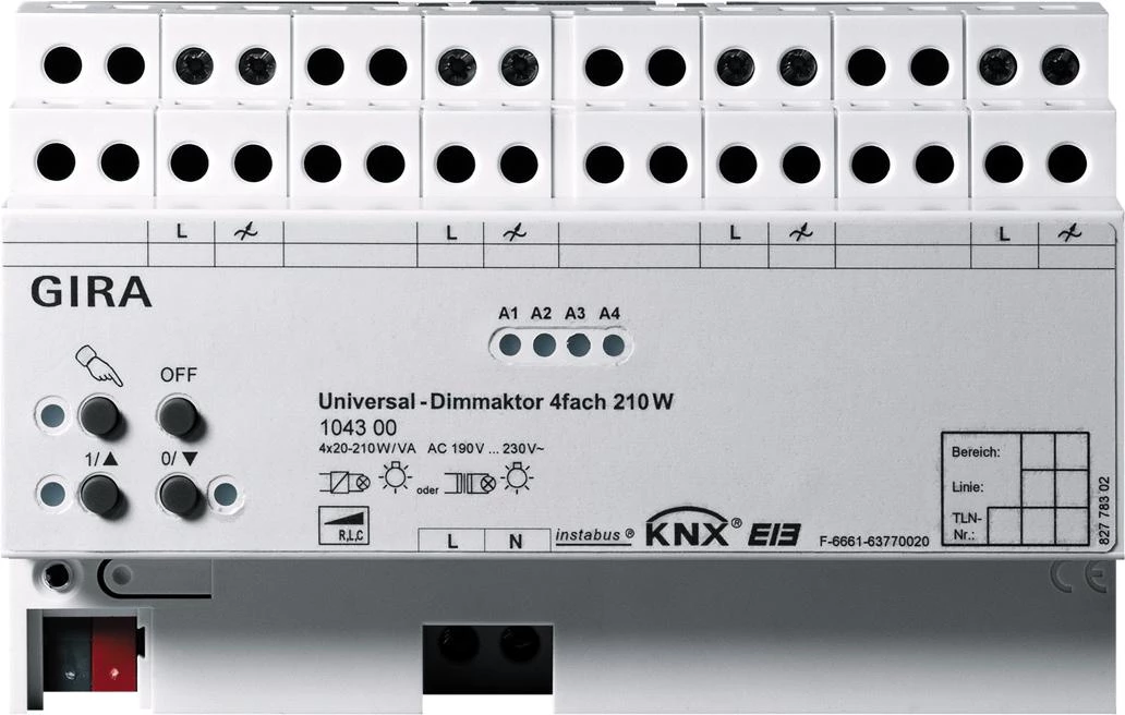  артикул 104300 название Gira Instabus Универсальный светорегулятор REG 4-канал 210 Вт/ВА с контроллером