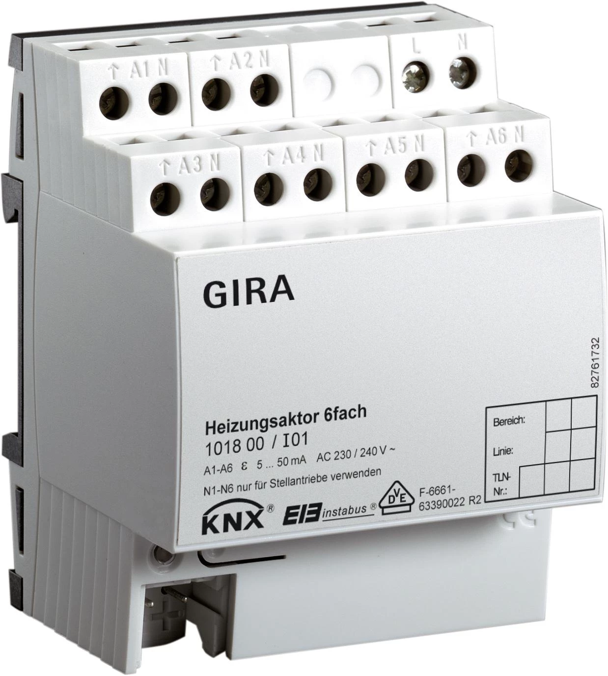  артикул 101800 название Gira Instabus Исполнит. устройство 6-кан для управления отоплением (50 мА, симистор) на DIN-рейку